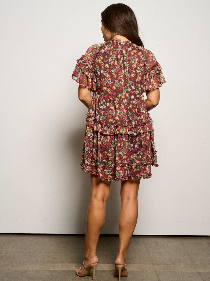WOMEN'S SHORT RUFFLE SLEEVE FLORAL TINIC MINI DRESS