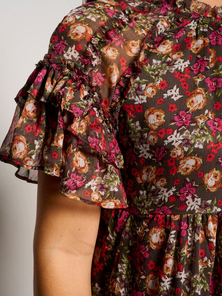 WOMEN'S SHORT RUFFLE SLEEVE FLORAL TINIC MINI DRESS