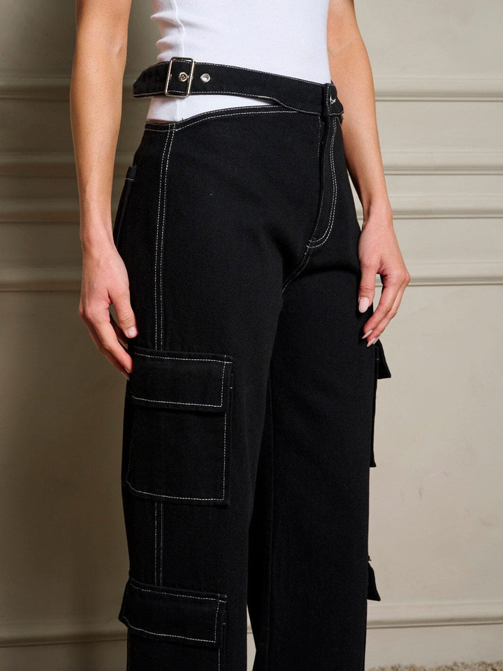 WOMEN'S BUTTON CLOSURE CARGO POCKETS DENIM PANTS