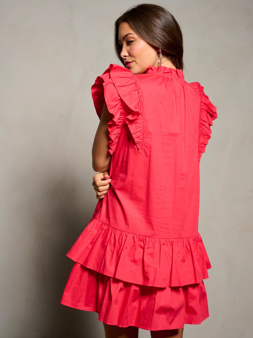 WOMEN'S SHORT RUFFLE SLEEVE V-NECK POCKETS TIERED TUNIC MINI DRESS