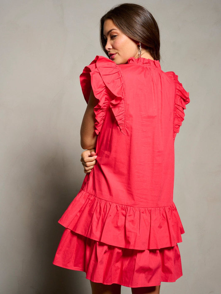 WOMEN'S SHORT RUFFLE SLEEVE V-NECK POCKETS TIERED TUNIC MINI DRESS