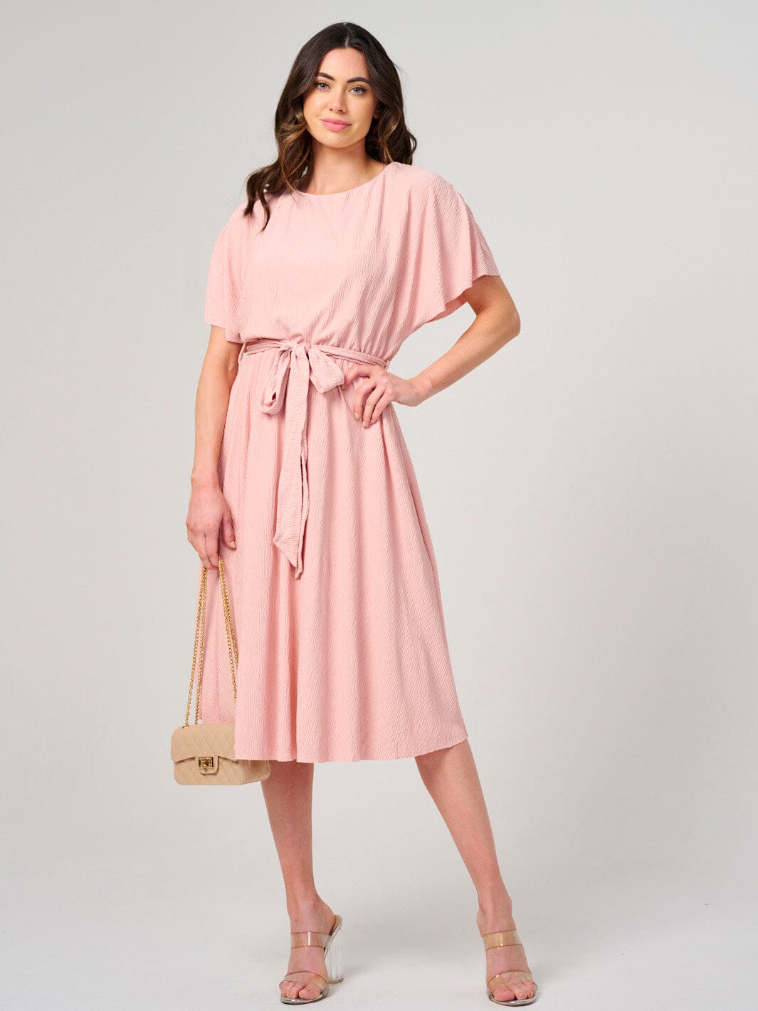 WOMEN'S SHORT SLEEVE ELASTIC WAIST SELF TIE MIDI DRESS