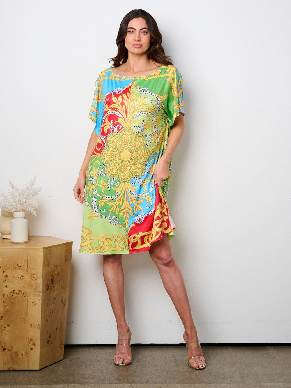 WOMEN'S SHORT SLEEVE MULTI PRINT TUNIC MINI DRESS