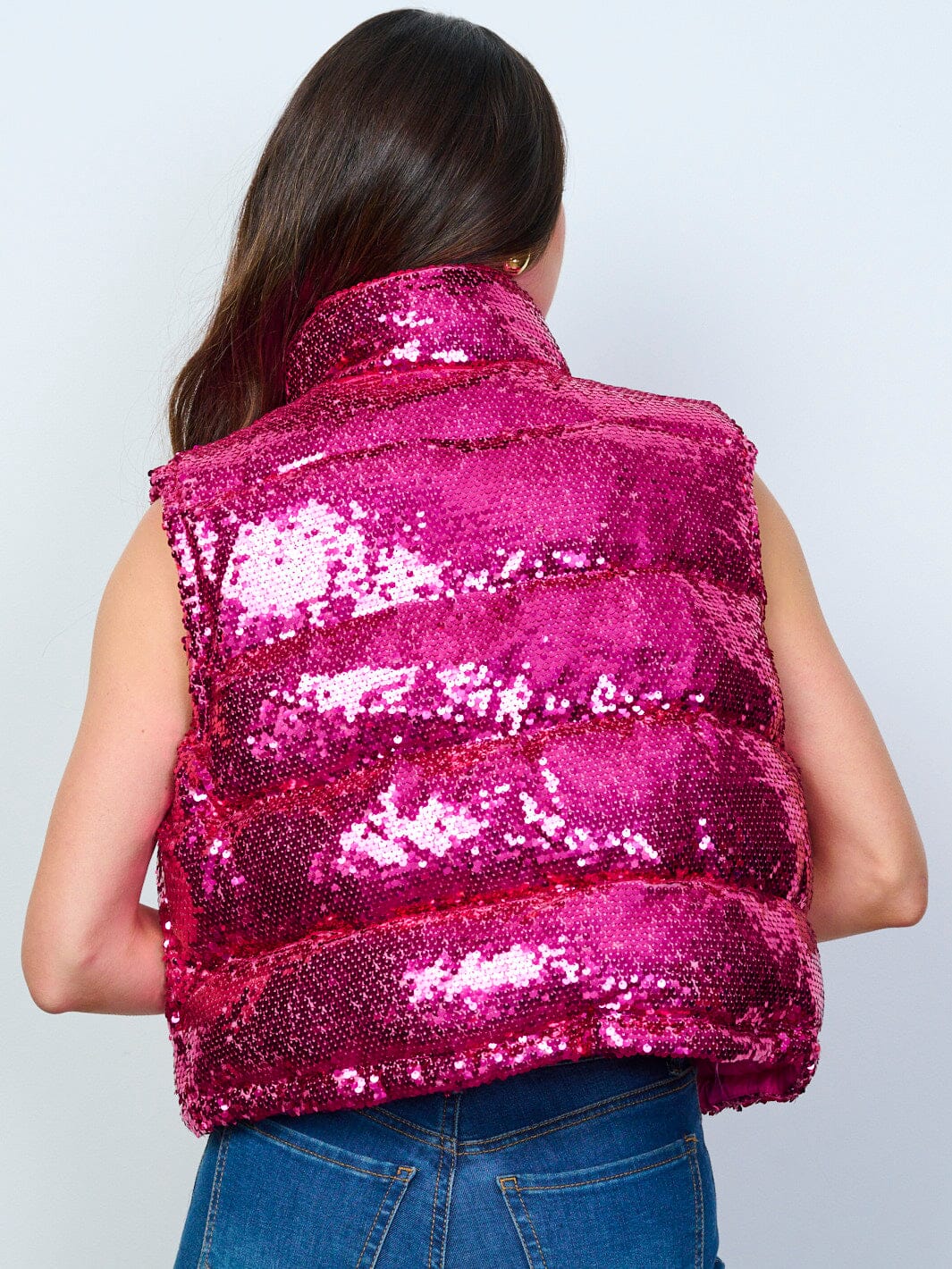 WOMEN'S SLEEVELESS ZIP UP FRONT POCKETS SEQUINS PUFFER VEST