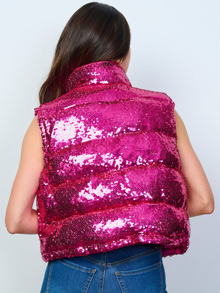 WOMEN'S SLEEVELESS ZIP UP FRONT POCKETS SEQUINS PUFFER VEST
