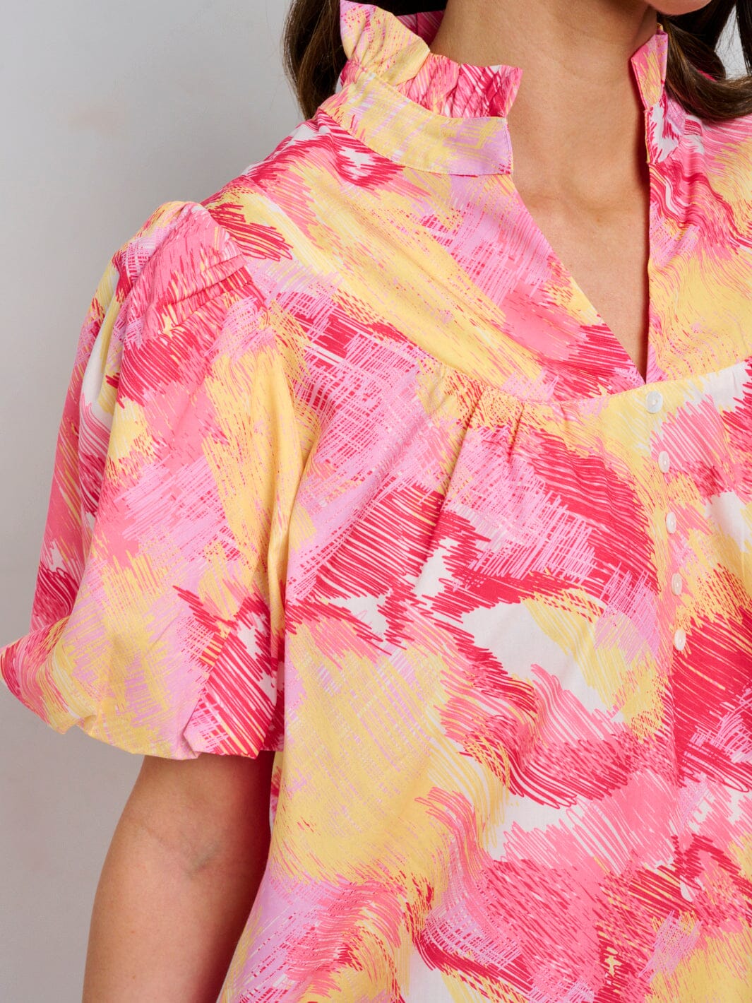 WOMEN'S SHORT PUFF SLEEVE V-NECK MULTI PRINT TUNIC MINI DRESS