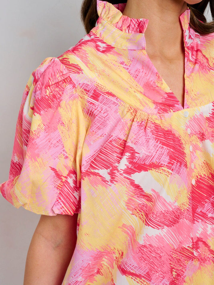 WOMEN'S SHORT PUFF SLEEVE V-NECK MULTI PRINT TUNIC MINI DRESS