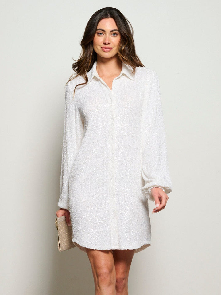 WOMEN'S LONG SLEEVE BUTTON UP SEQUINS MINI DRESS