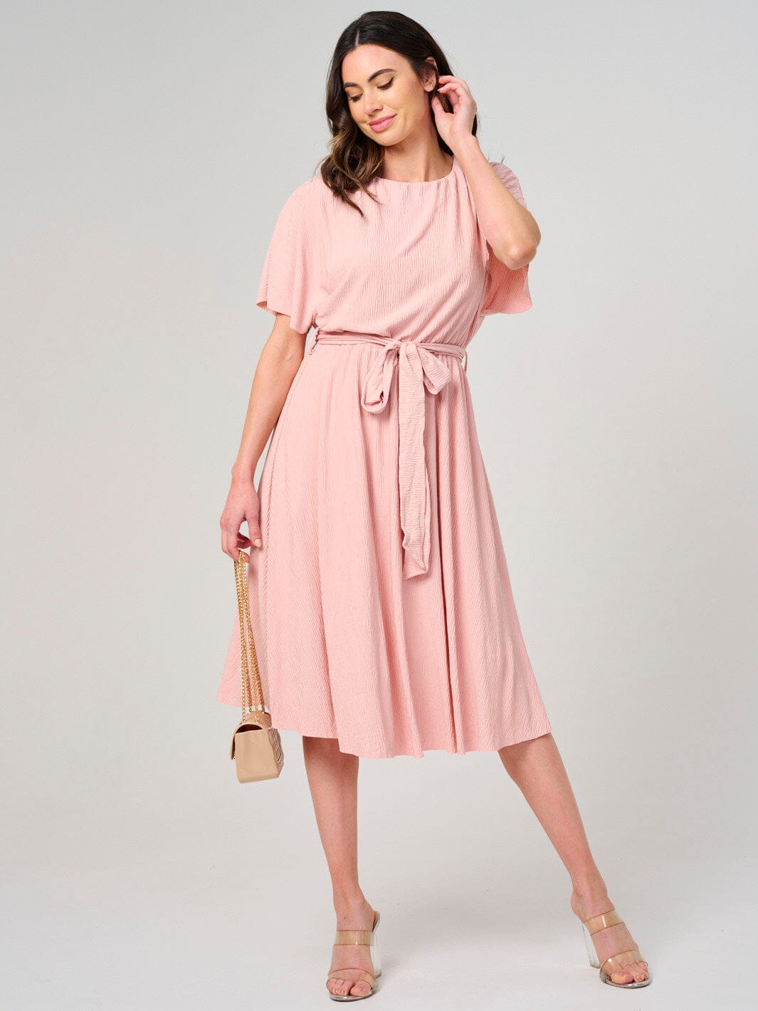 WOMEN'S SHORT SLEEVE ELASTIC WAIST SELF TIE MIDI DRESS