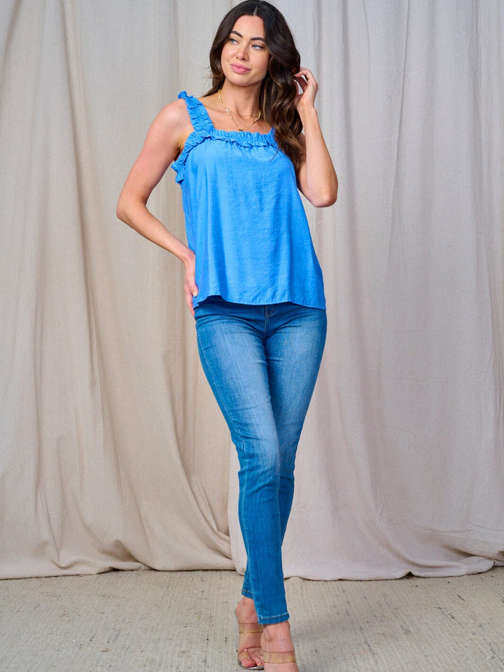WOMEN'S SLEEVELESS RUFFLE ELSATIC TRIM TANK TOP