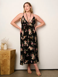 PLUS SIZE SLEEVELESS V-NECK OPEN BACK FLORAL MAXI DRESS