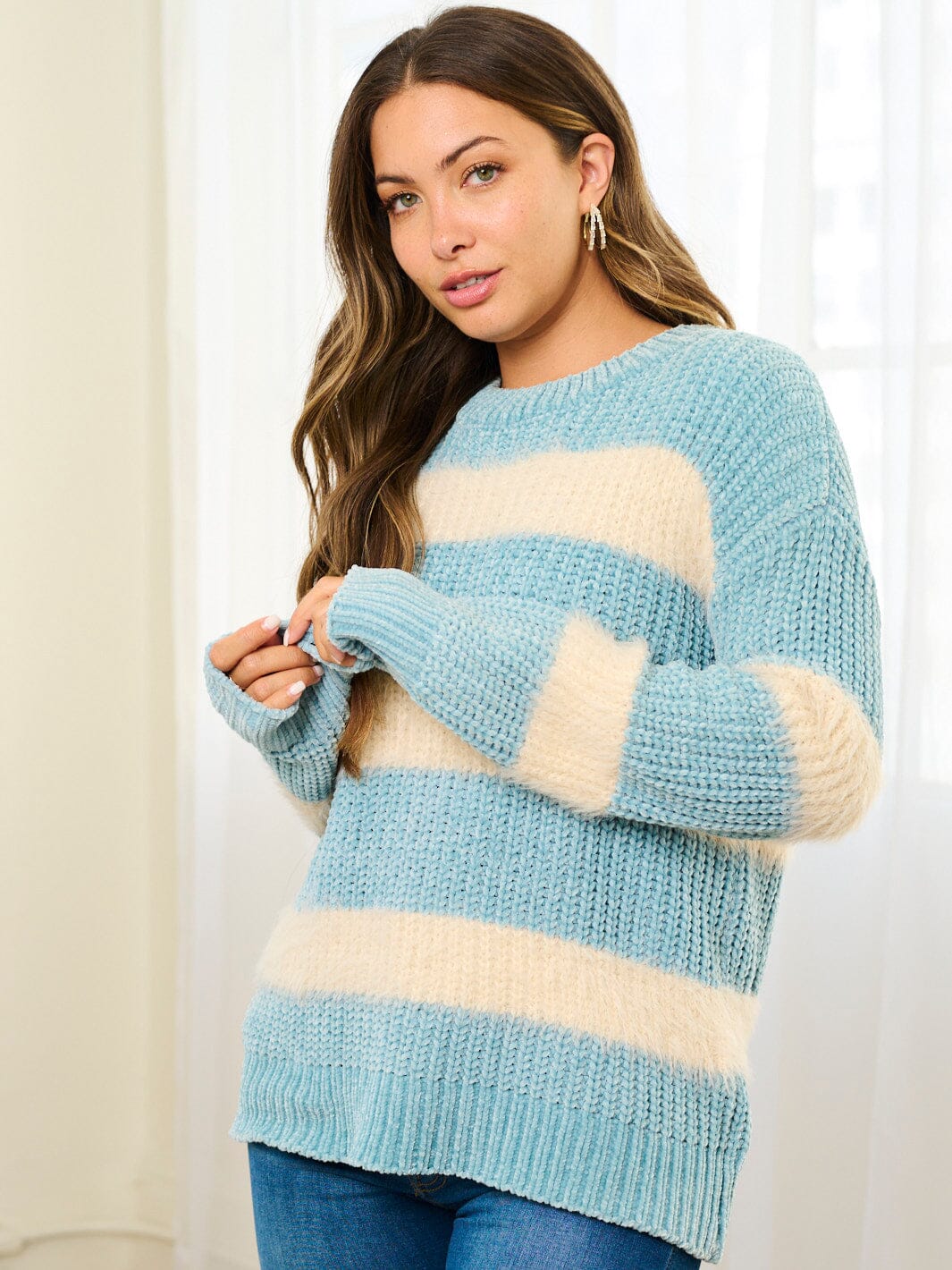 WOMEN'S LONG SLEEVE COLORBLOCK STRIPES PULLOVER SWEATER