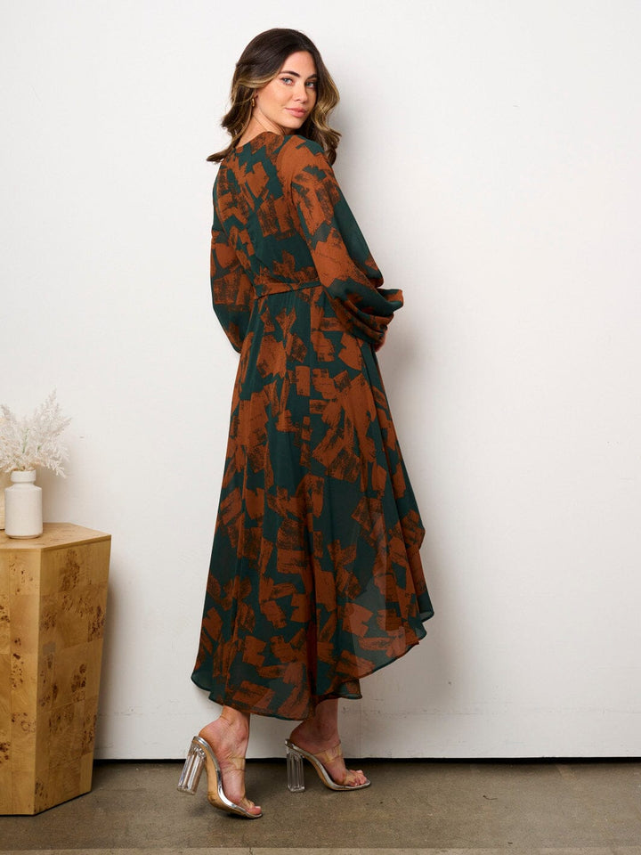 WOMEN'S LONG SLEEVE SELF TIE HIGH-LOW MULTI PRINT SURPLICE MIDI DRESS
