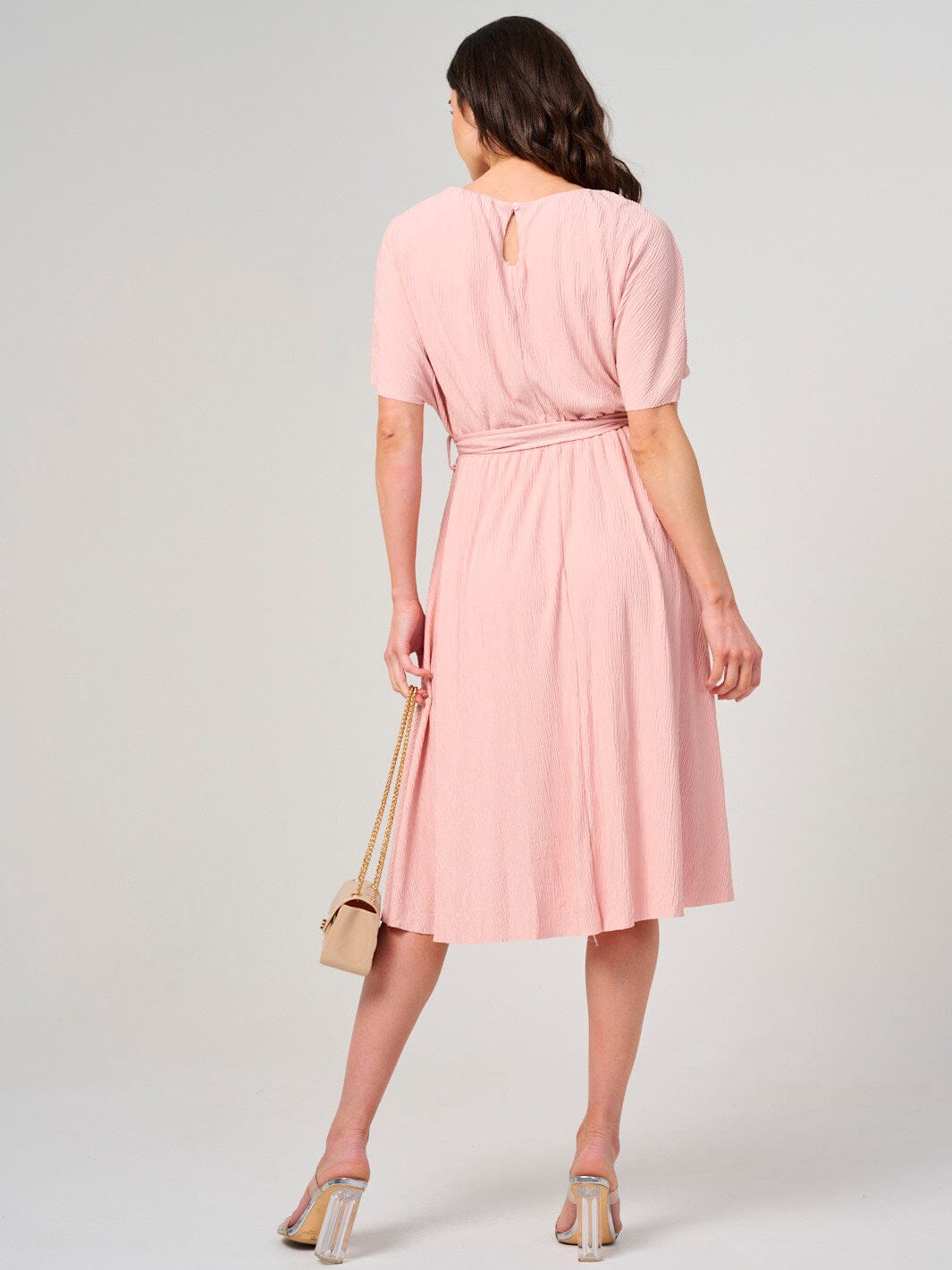 WOMEN'S SHORT SLEEVE ELASTIC WAIST SELF TIE MIDI DRESS