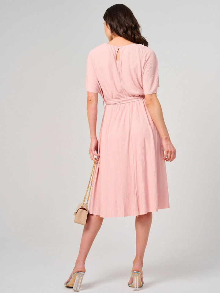 WOMEN'S SHORT SLEEVE ELASTIC WAIST SELF TIE MIDI DRESS