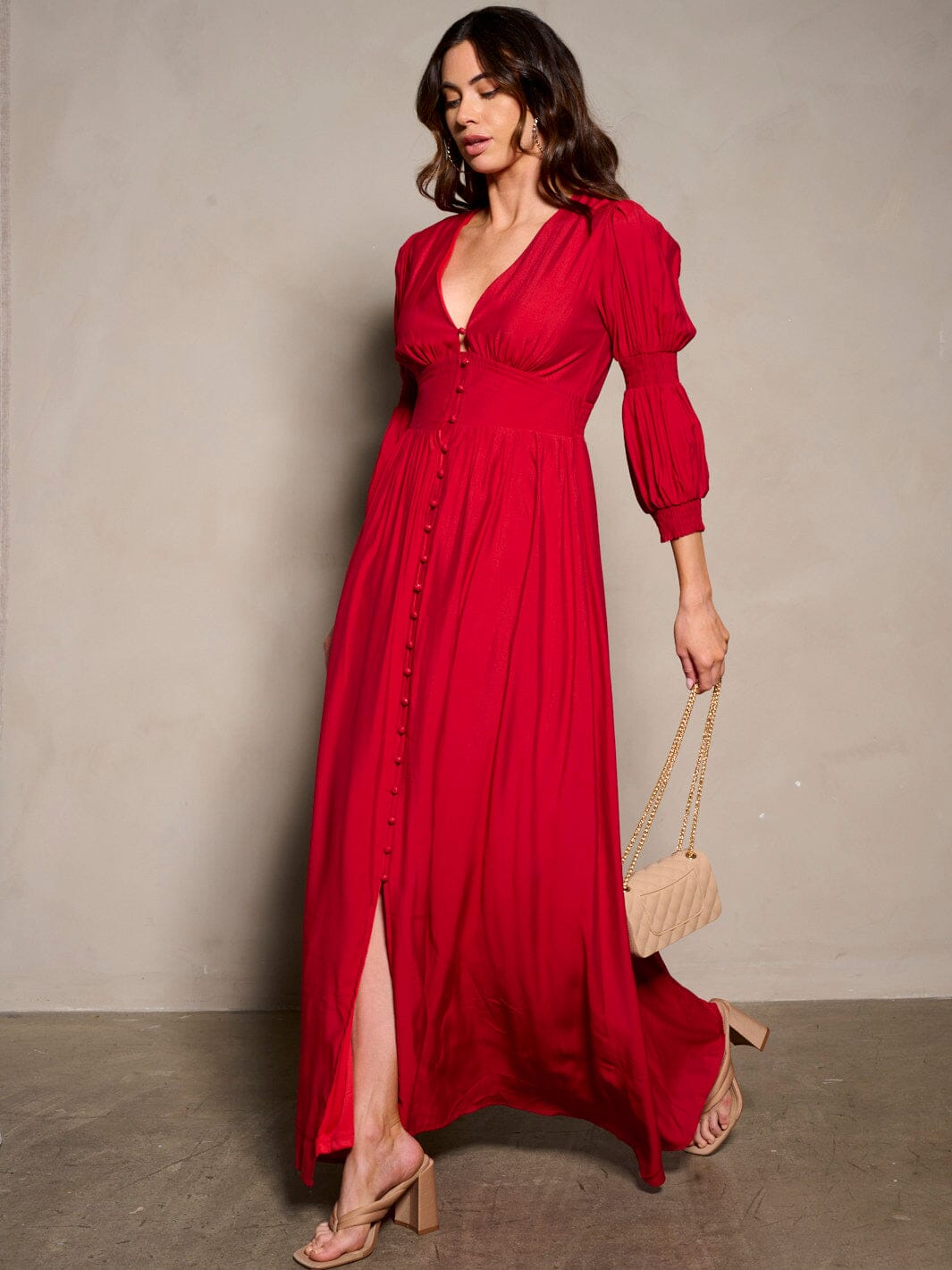 WOMEN'S 3/4 SLEEVE V-NECK BUTTON UP MAXI DRESS