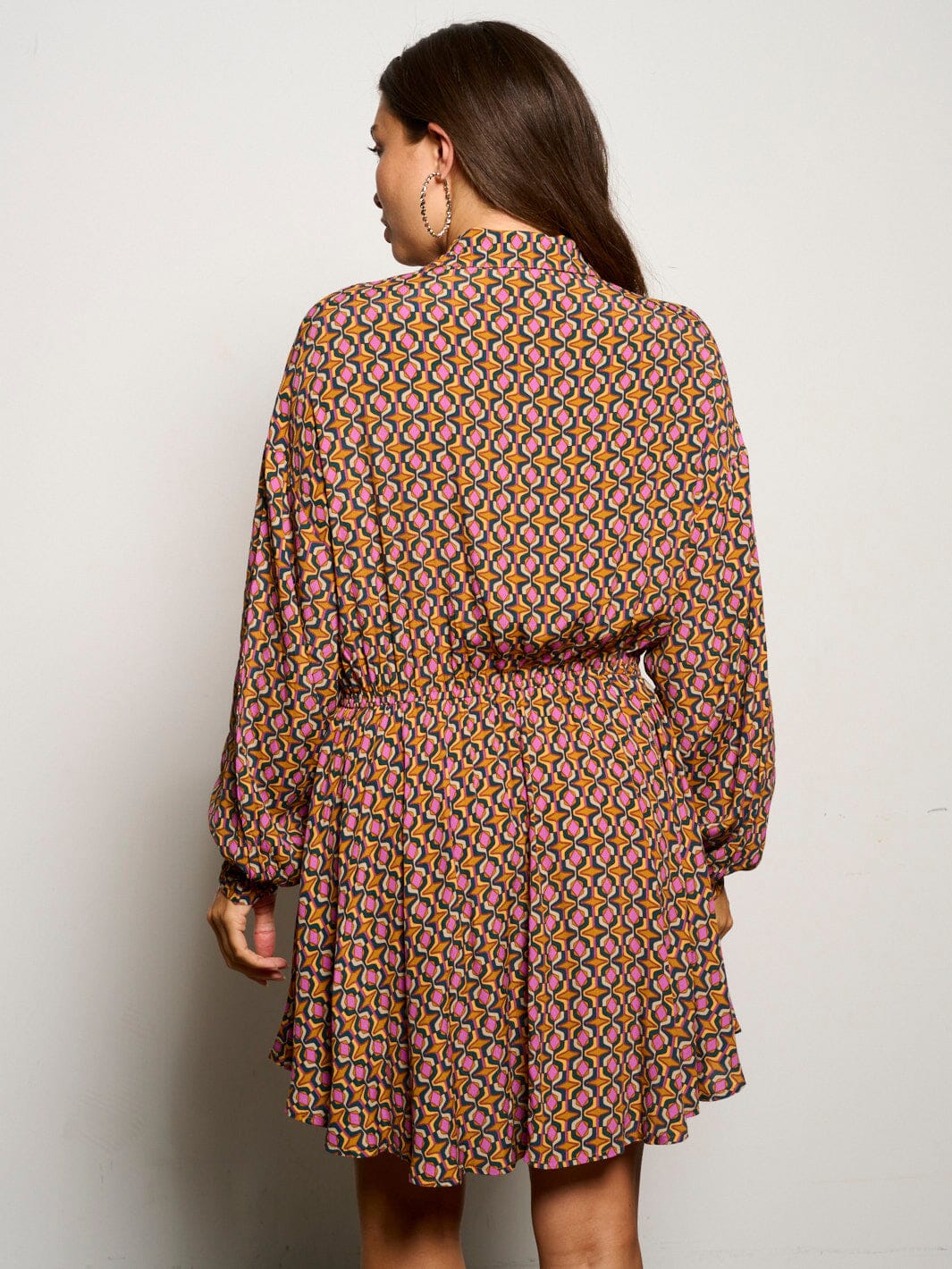 WOMEN'S LONG SLEEVE BUTTON UP MULTI PRINT MINI DRESS