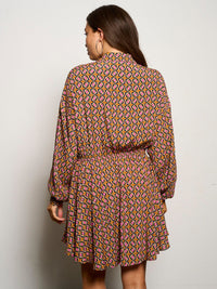 WOMEN'S LONG SLEEVE BUTTON UP MULTI PRINT MINI DRESS