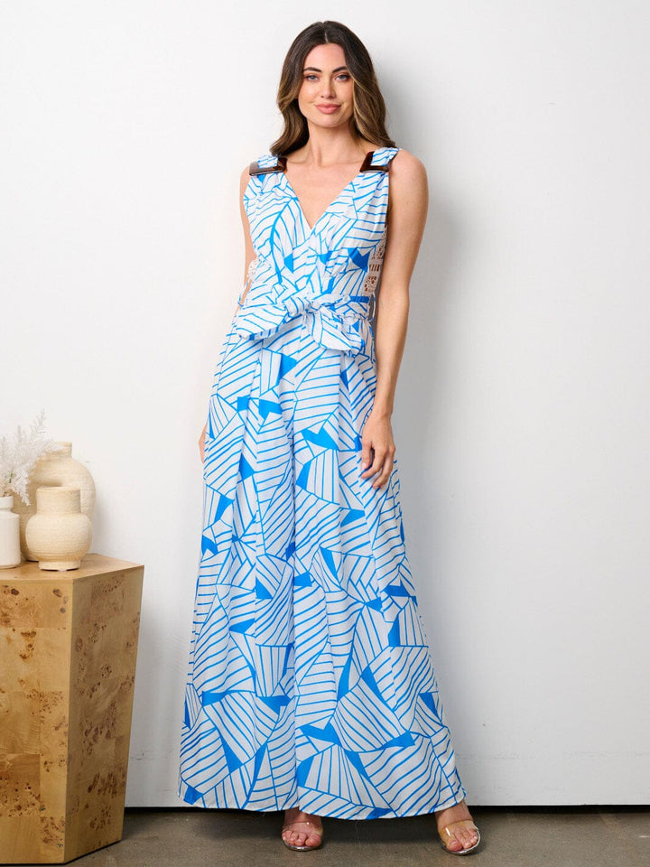 WOMEN'S SLEEVELESS V-NECK SELF TIE PRINTED WIDE LEG JUMPSUIT