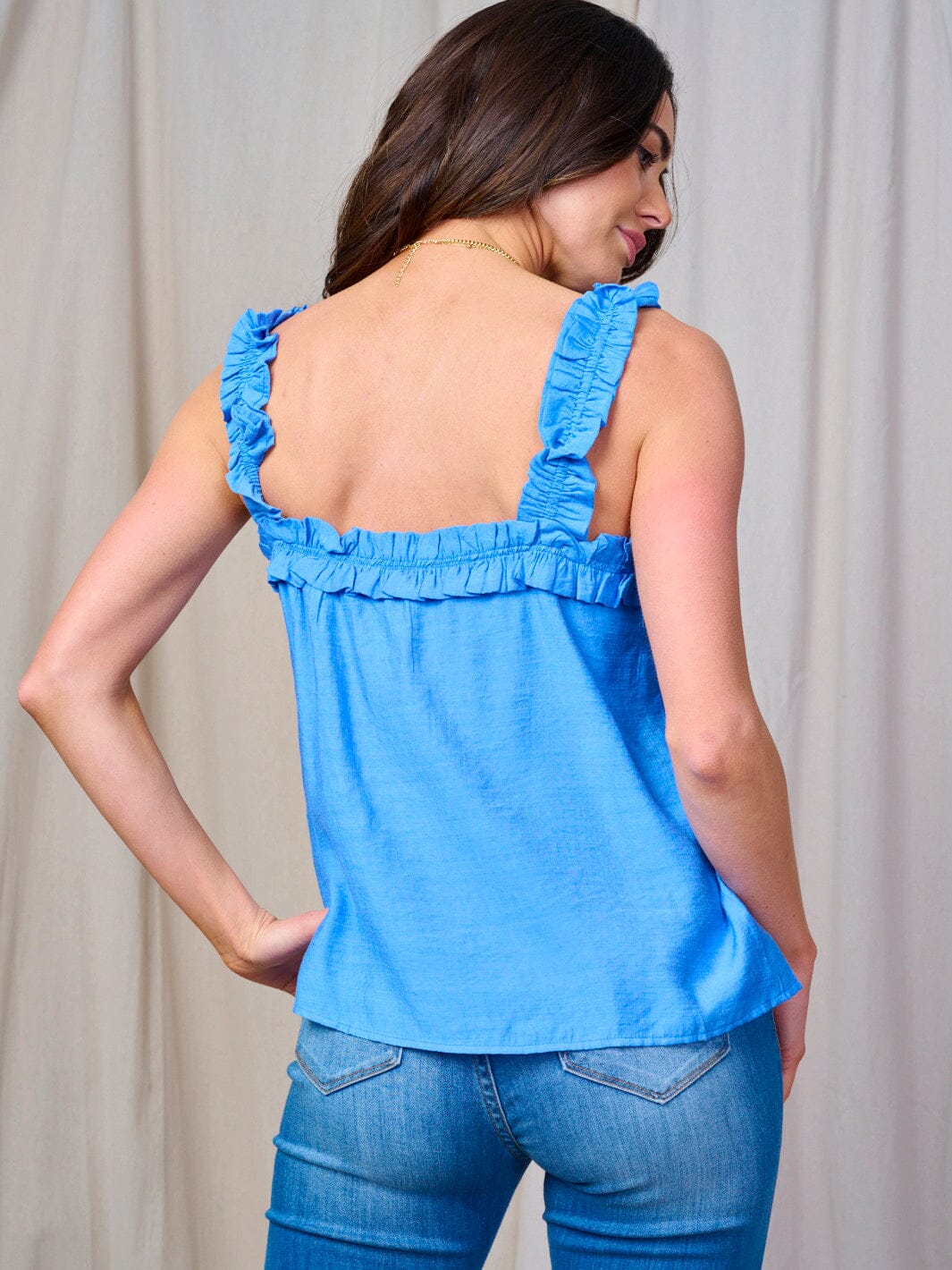 WOMEN'S SLEEVELESS RUFFLE ELSATIC TRIM TANK TOP