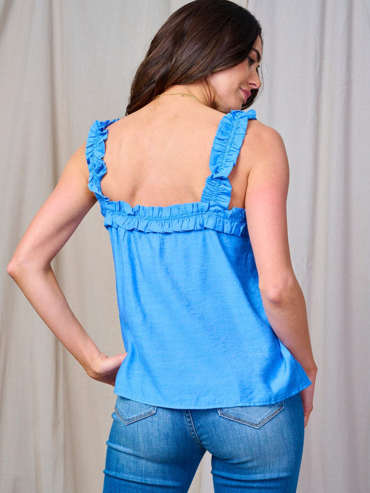 WOMEN'S SLEEVELESS RUFFLE ELSATIC TRIM TANK TOP