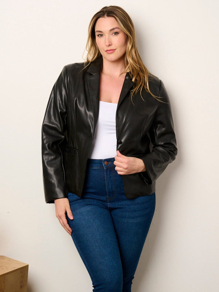 WOMEN'S LONG SLEEVE BUTTON CLOSURE POCKETS PU PLEATHER JACKET