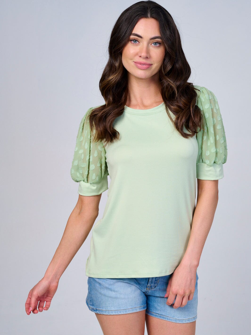 WOMEN'S SHORT MESH SLEEVES SOLID BLOUSE