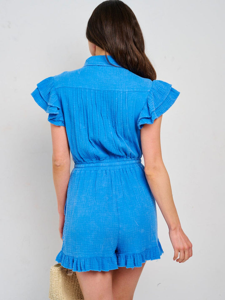 WOMEN'S SHORT RUFFLE SLEEVE BUTTON UP WASHED ROMPER