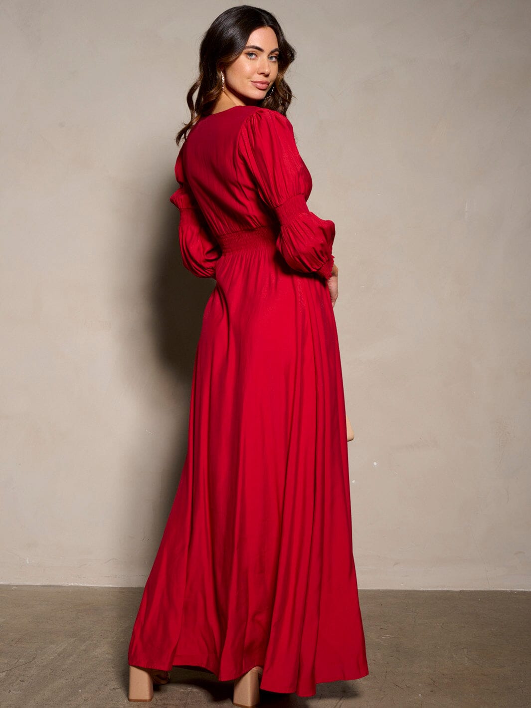 WOMEN'S 3/4 SLEEVE V-NECK BUTTON UP MAXI DRESS