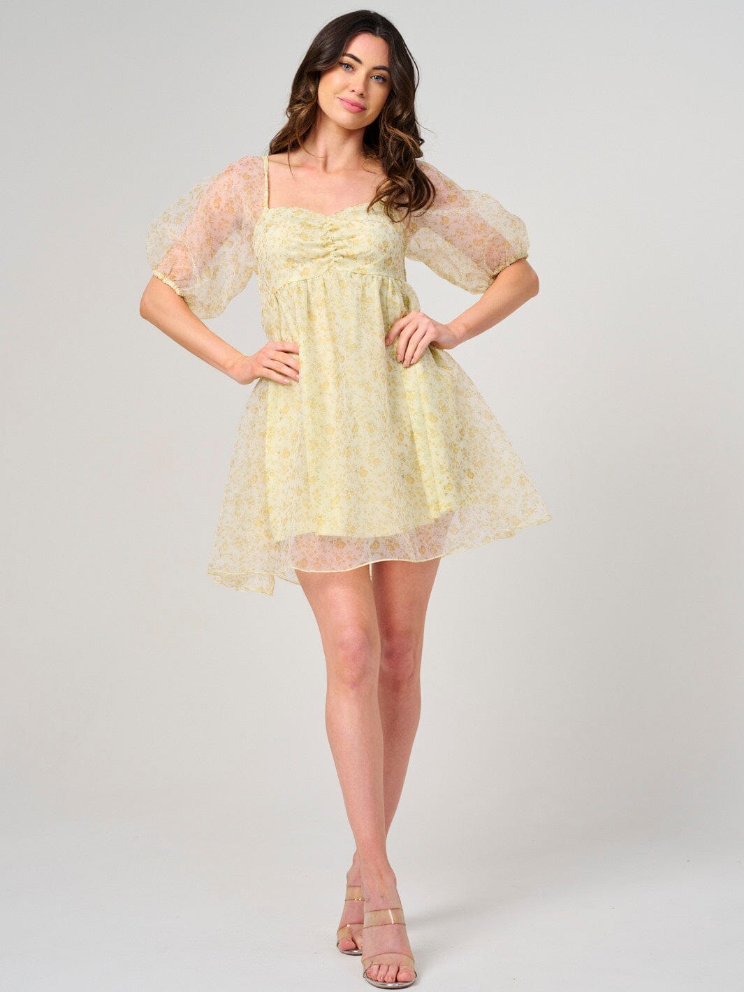 WOMEN'S SHORT PUFF SLEEVE FLORAL BABYDOLL MINI DRESS