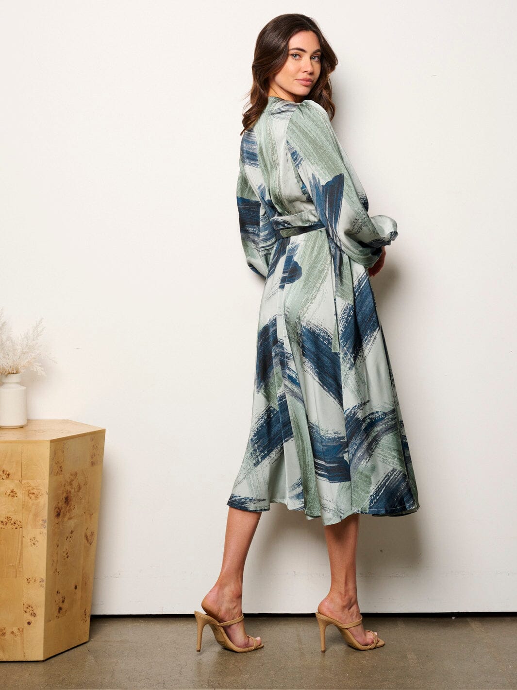 WOMEN'S LONG SLEEVE SELF TIE MULTI PRINT WRAP MIDI DRESS