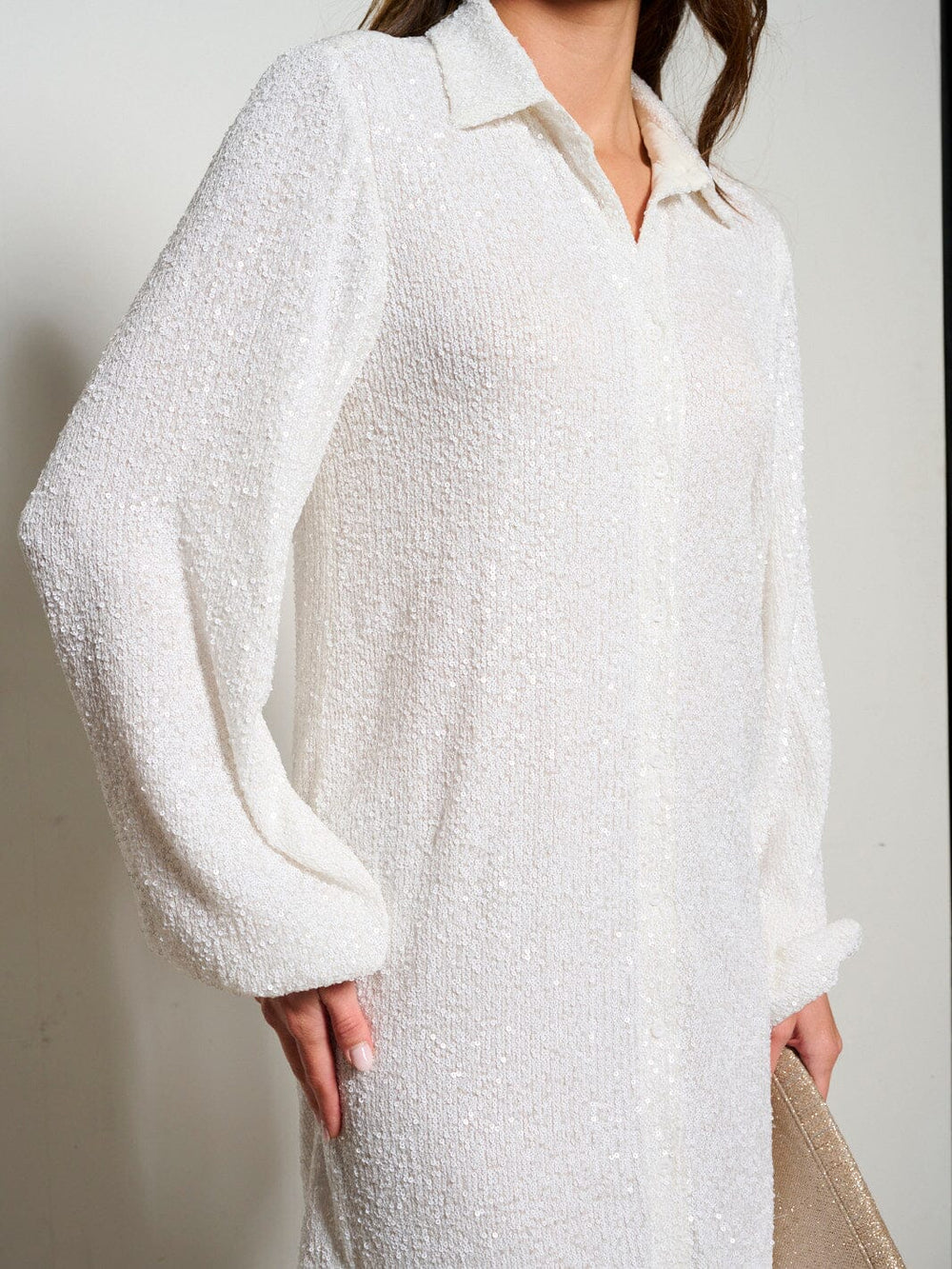 WOMEN'S LONG SLEEVE BUTTON UP SEQUINS MINI DRESS