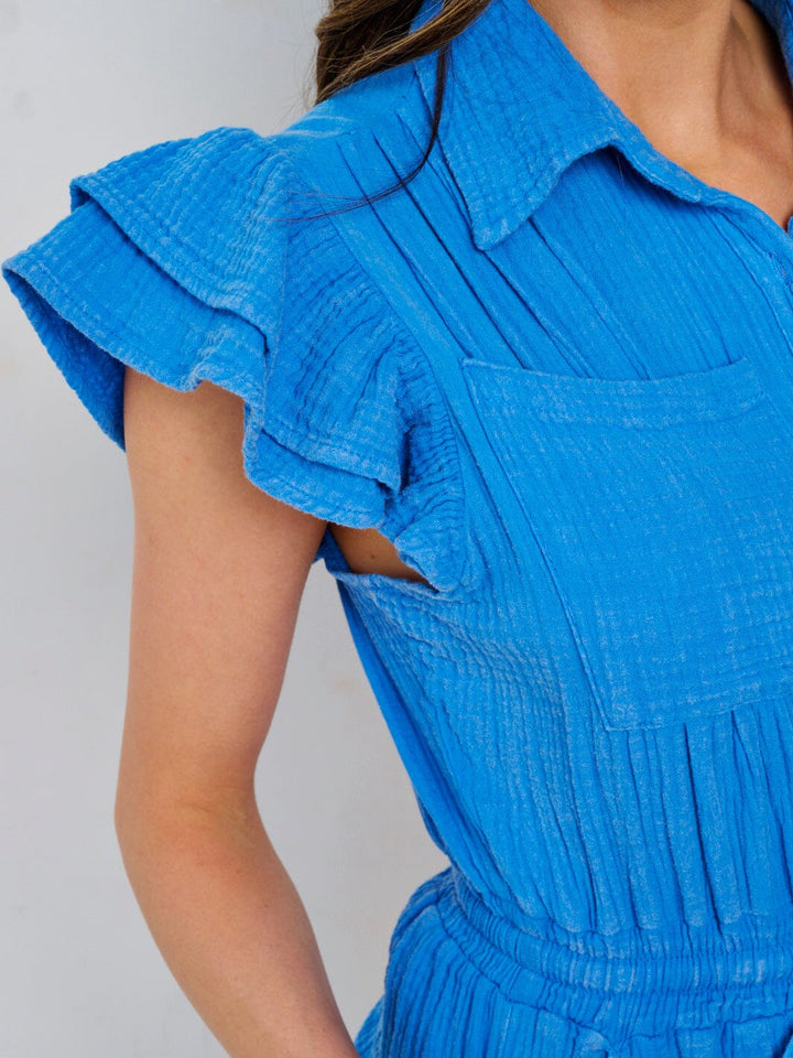 WOMEN'S SHORT RUFFLE SLEEVE BUTTON UP WASHED ROMPER