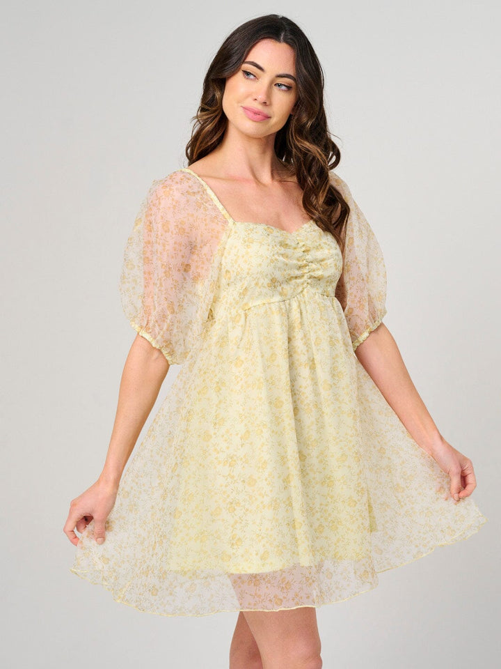 WOMEN'S SHORT PUFF SLEEVE FLORAL BABYDOLL MINI DRESS