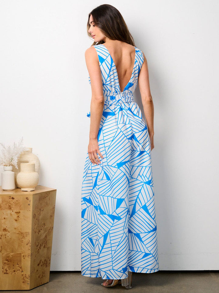 WOMEN'S SLEEVELESS V-NECK SELF TIE PRINTED WIDE LEG JUMPSUIT