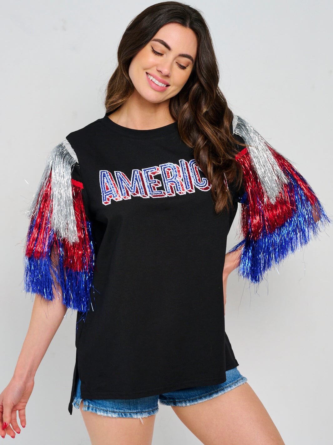 WOMEN'S SHORT FRINGE SLEEVE HIGH-LOW PATRIOTIC SHIRT