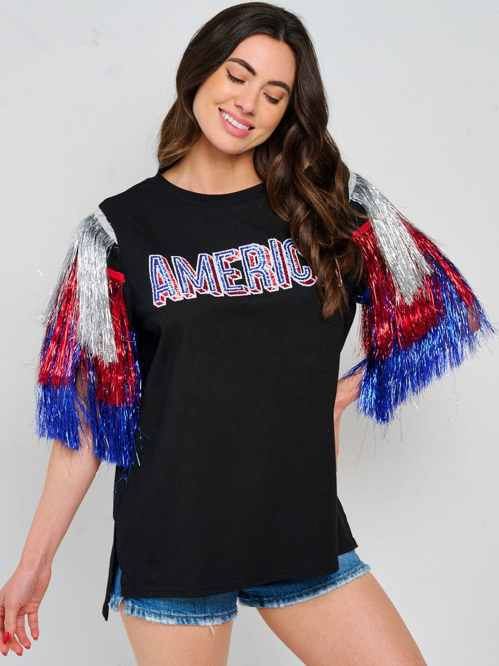 WOMEN'S SHORT FRINGE SLEEVE HIGH-LOW PATRIOTIC SHIRT