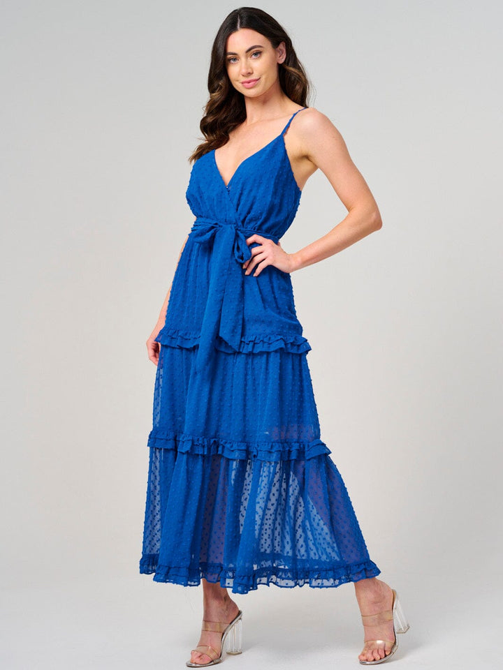 WOMEN'S SLEEVELESS SURPLICE SWISS DOT TIERED MAXI DRESS