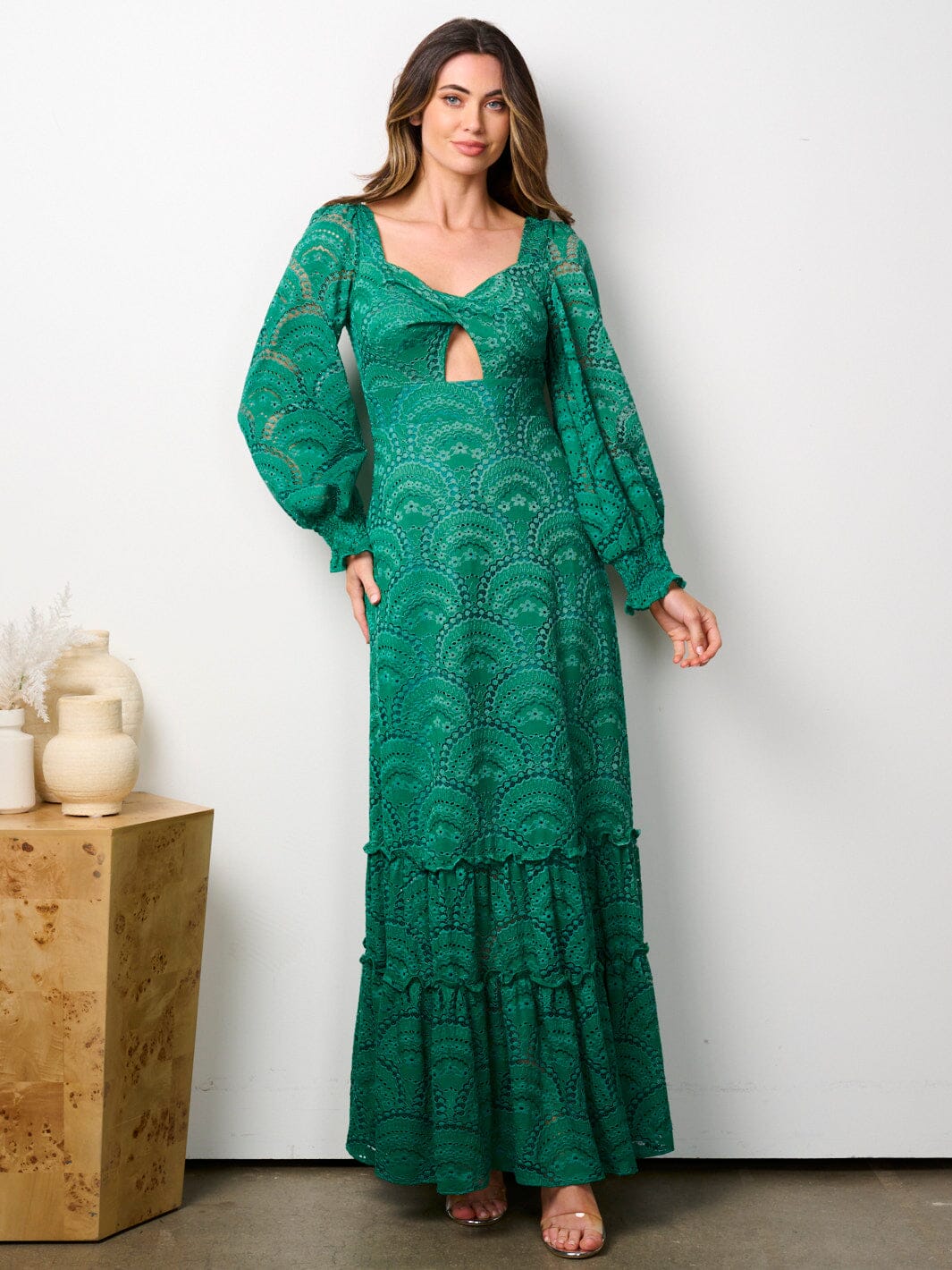 WOMEN'S LONG SLEEVE FRONT CUT OUT ALL OVER LACE MAXI DRESS