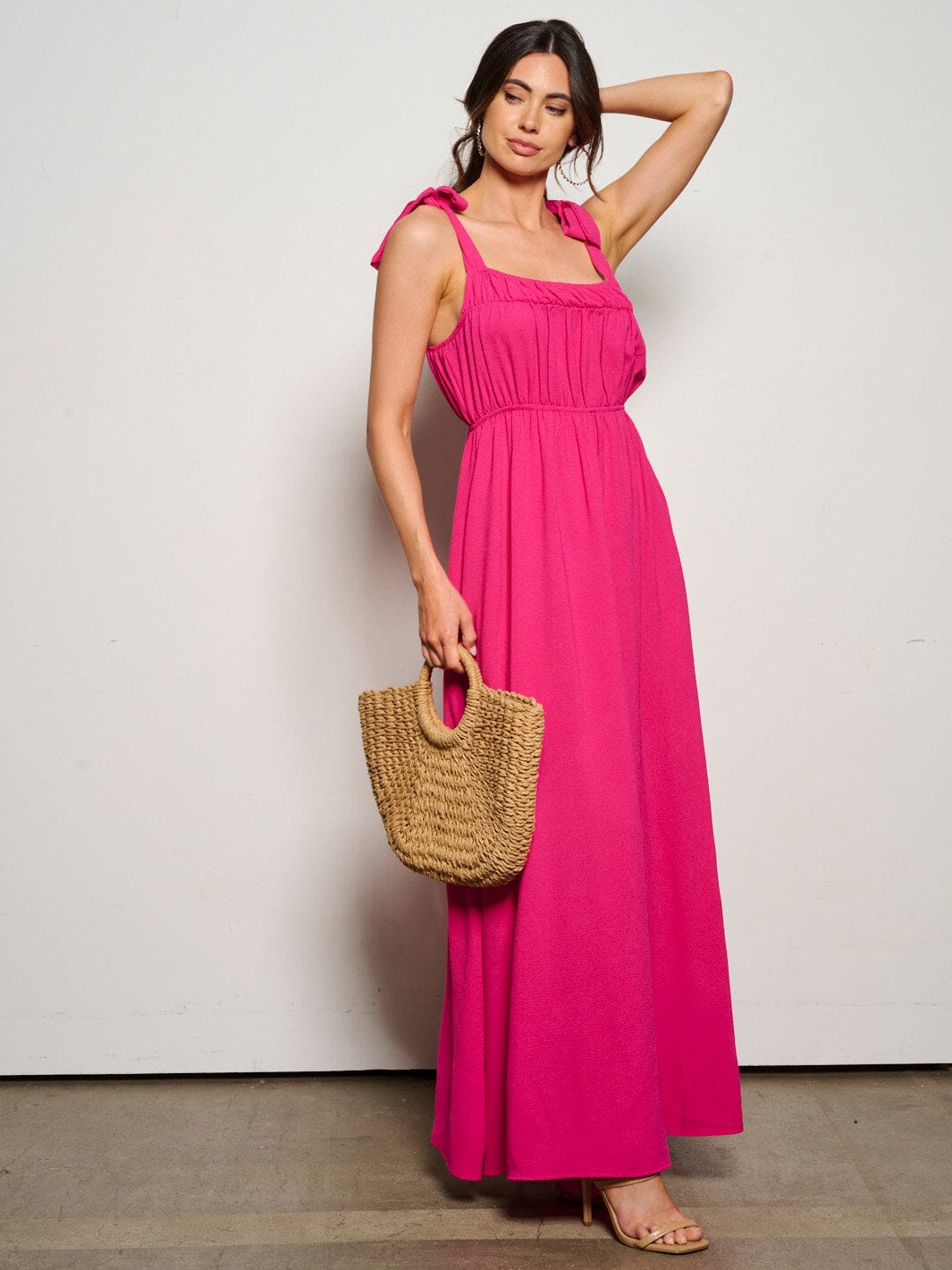 WOMEN'S SLEEVELESS ADJUSTABLE STRAPS POCKETS ELASTIC WASIT MAXI DRESS