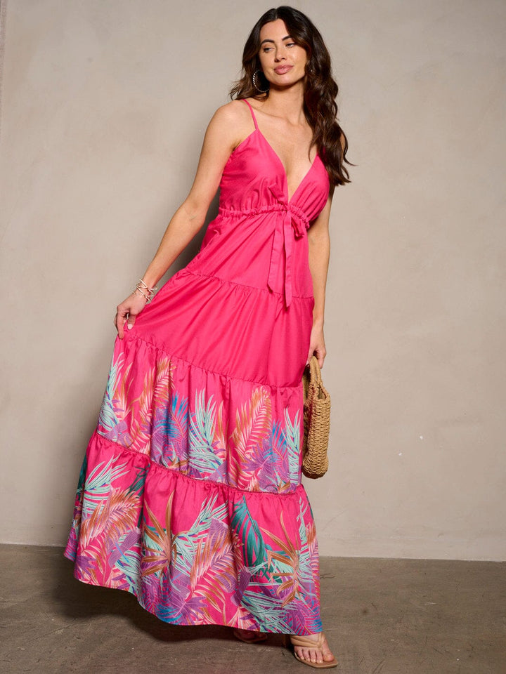 WOMEN'S SLEEVELESS V-NECK POCKETS TIERED FLORAL MAXI DRESS