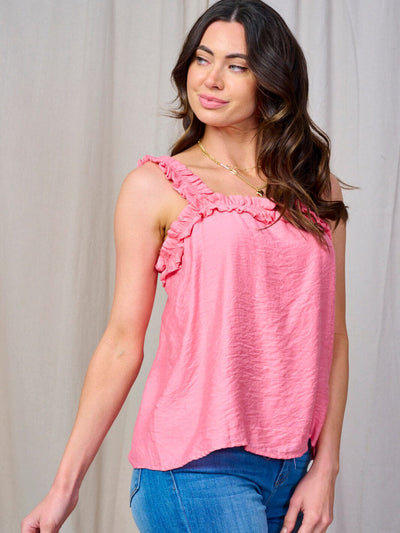 WOMEN'S SLEEVELESS RUFFLE ELSATIC TRIM TANK TOP