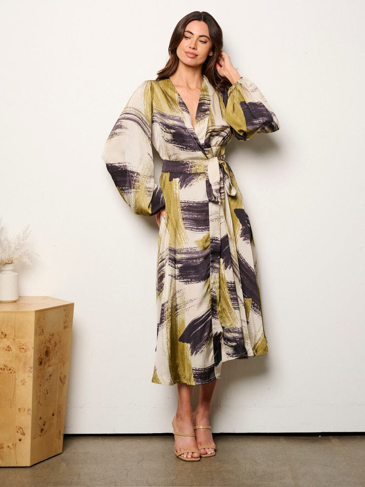 WOMEN'S LONG SLEEVE SELF TIE MULTI PRINT WRAP MIDI DRESS