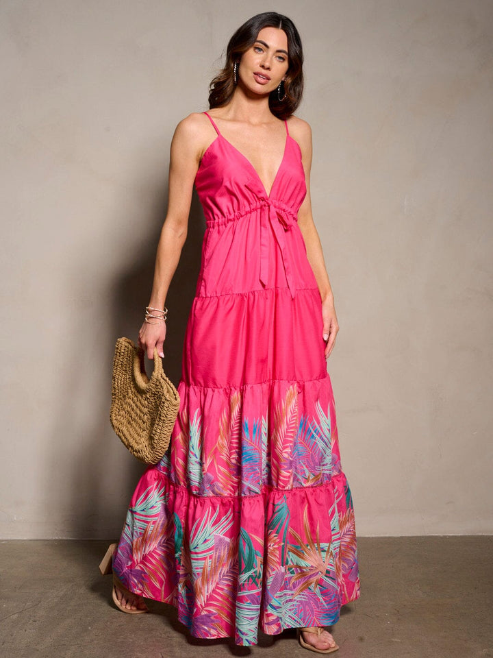 WOMEN'S SLEEVELESS V-NECK POCKETS TIERED FLORAL MAXI DRESS