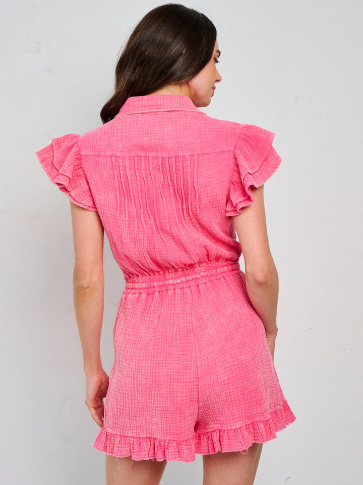 WOMEN'S SHORT RUFFLE SLEEVE BUTTON UP WASHED ROMPER