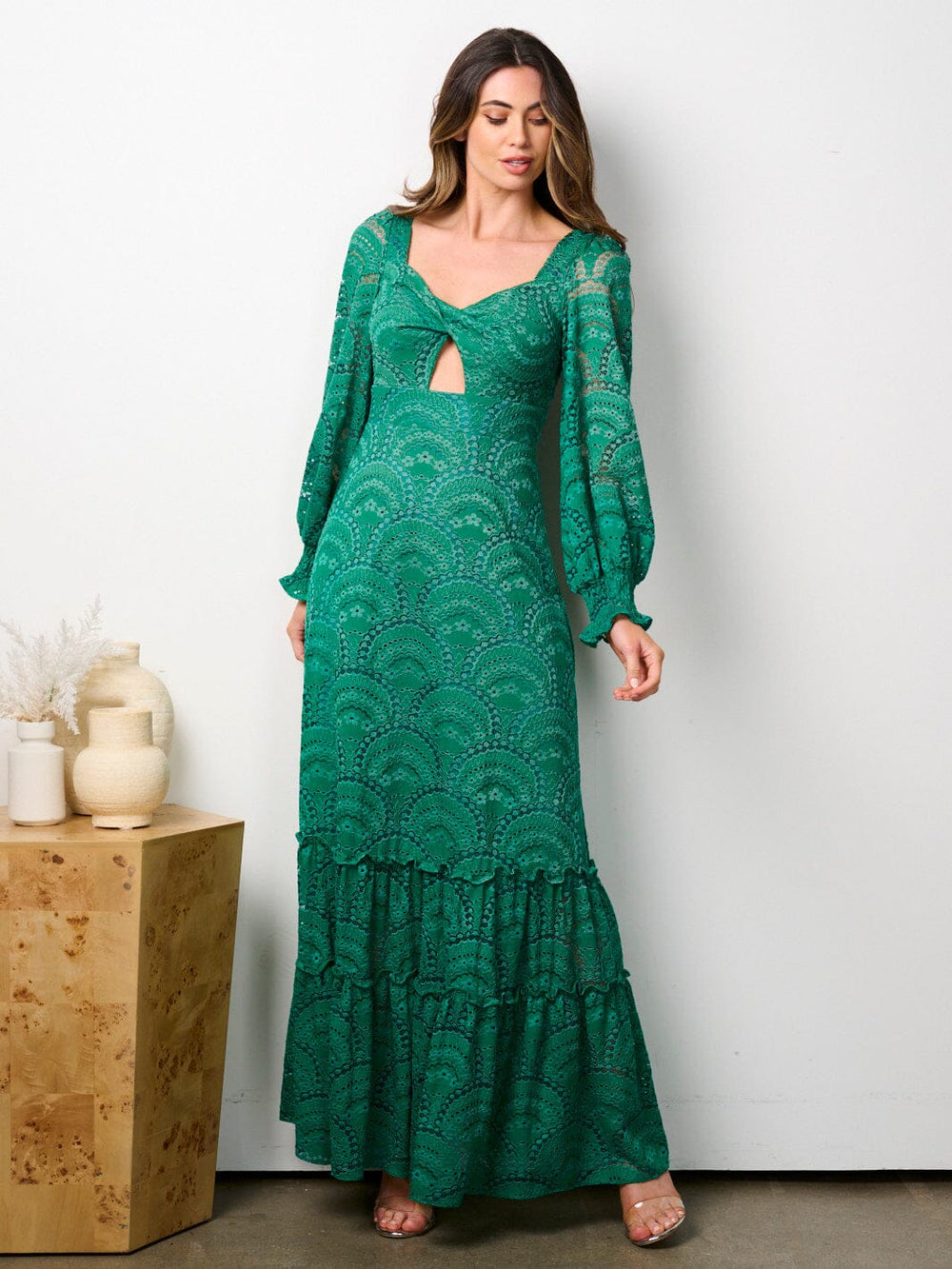 WOMEN'S LONG SLEEVE FRONT CUT OUT ALL OVER LACE MAXI DRESS