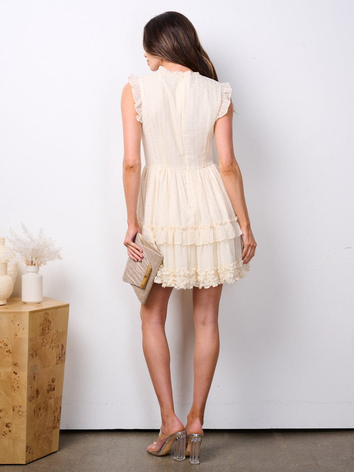 WOMEN'S RUFFLE SLEEVE TIERED SHIMMER MINI DRESS