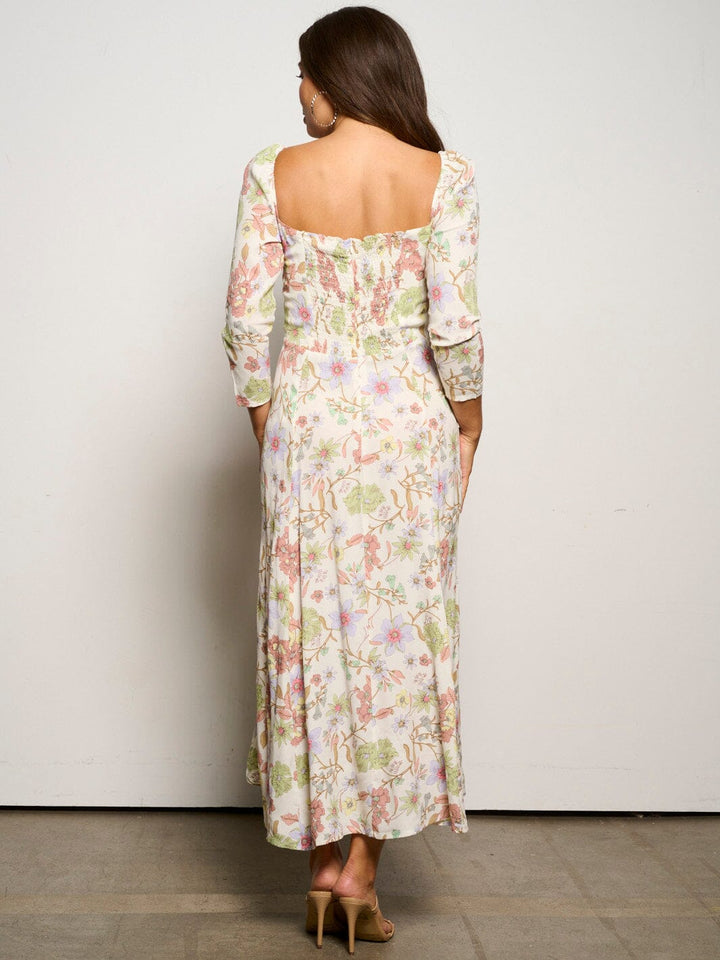 WOMEN'S 3/4 SLEEVE SMOCK FRONT SLIT FLORAL MIDI DRESS