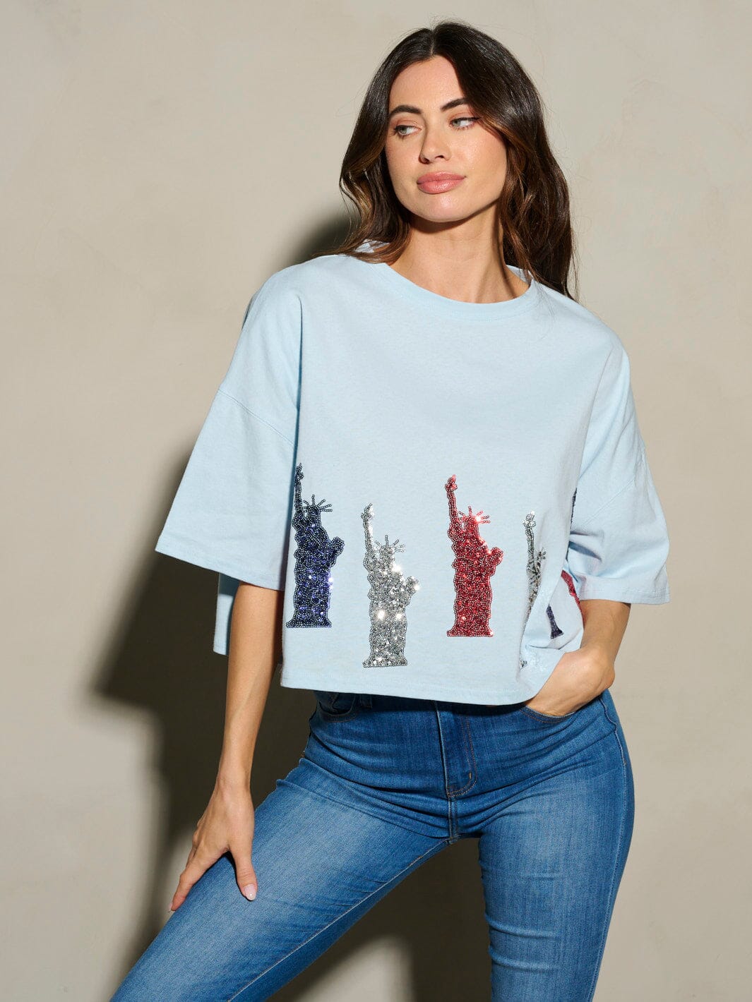 WOMEN'S SHORT SLEEVE SEQUINS LADY LIBERTY PATRIOTIC TUNIC BLOUSE TOP