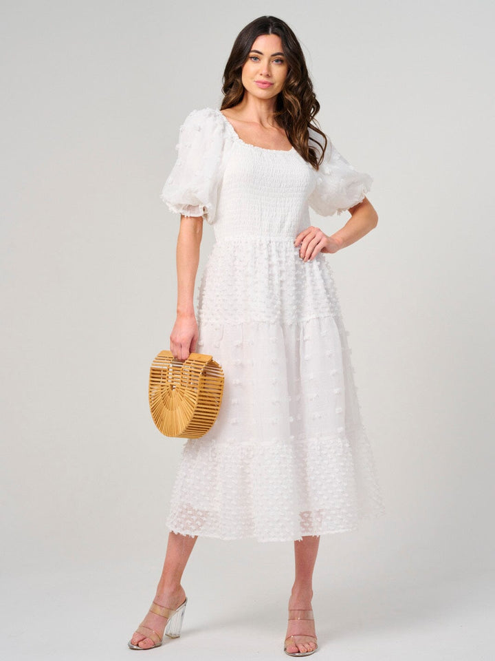 WOMEN'S SHORT PUFF SLEEVE SMOCK SWISS DOT MAXI DRESS